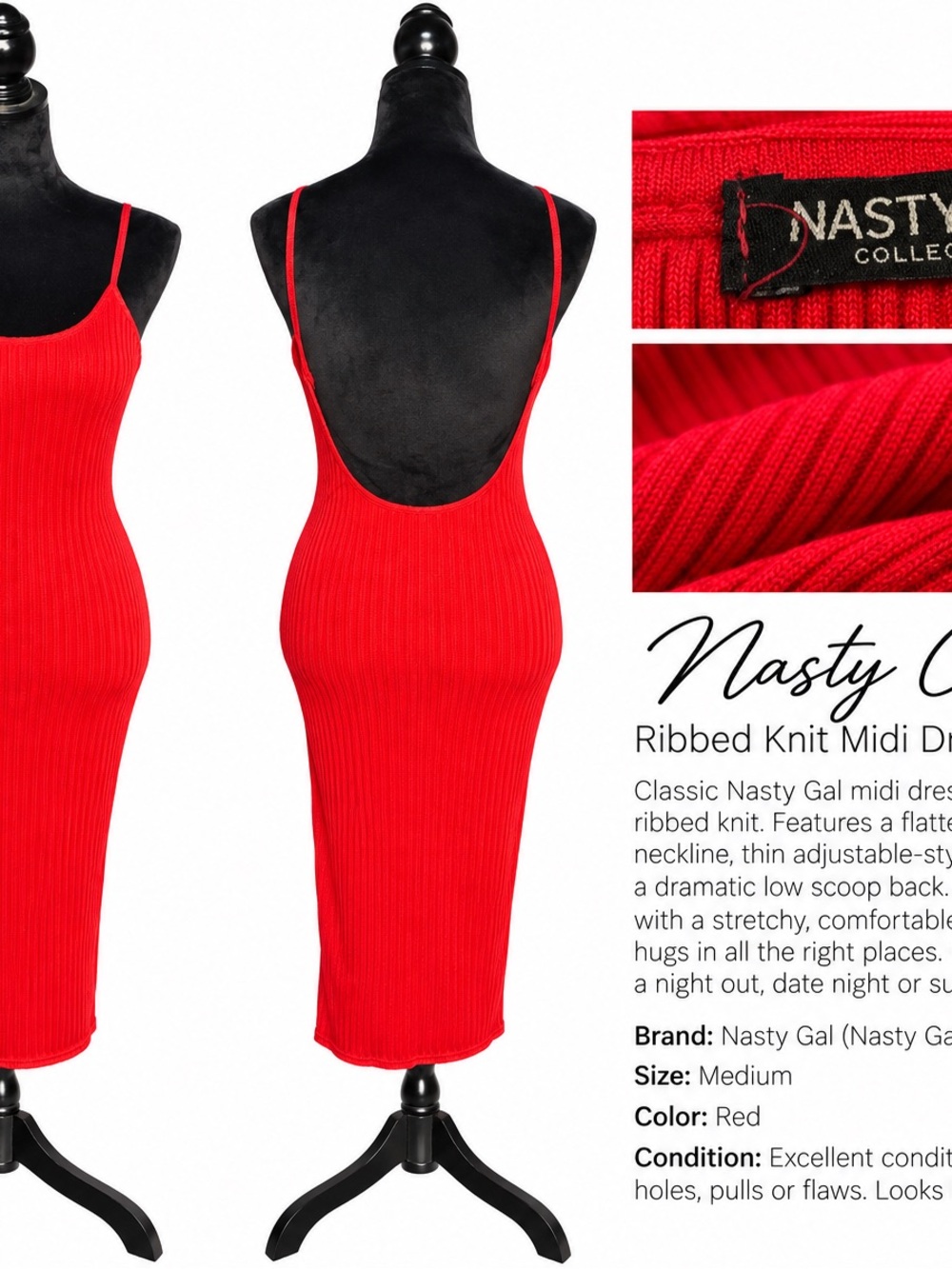 Nasty Gal Red Ribbed Scoop-Back Midi Dress